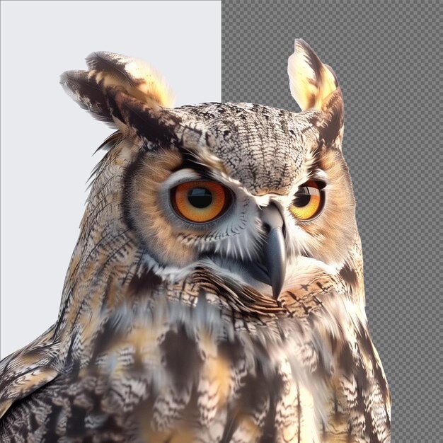 PSD a picture of an owl with a yellow eye and brown eyes