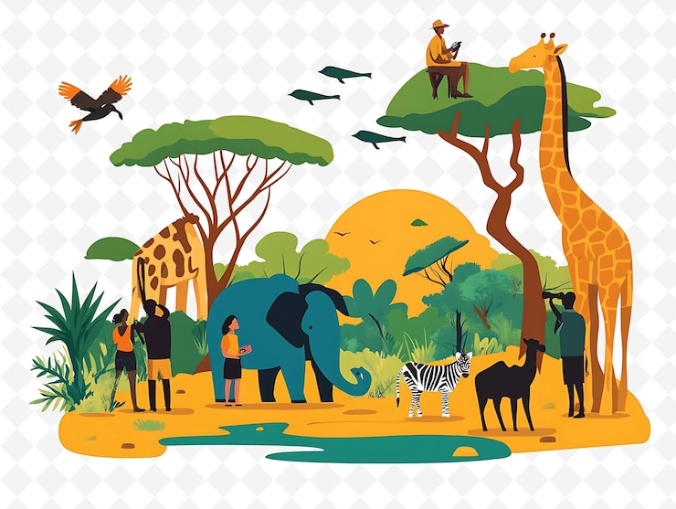PSD a picture of people and animals with a giraffe and trees