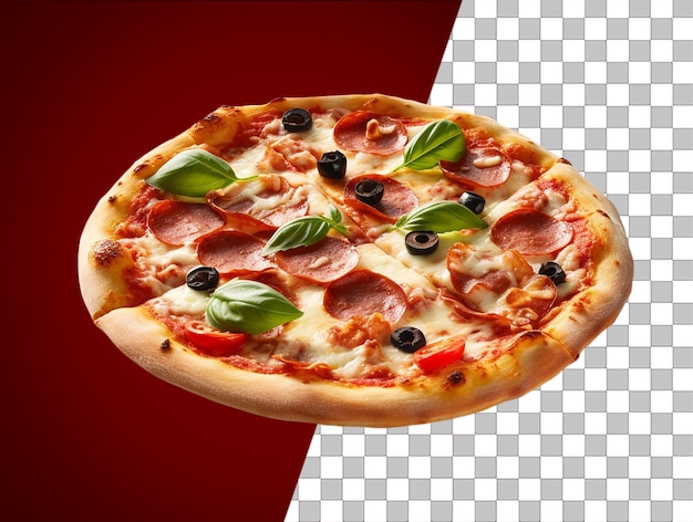 PSD a picture of a pizza with a red and transparent background and the word pizza on it