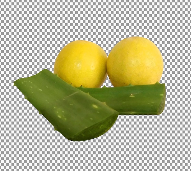 A picture of a plant with a yellow fruit and a green leaf.