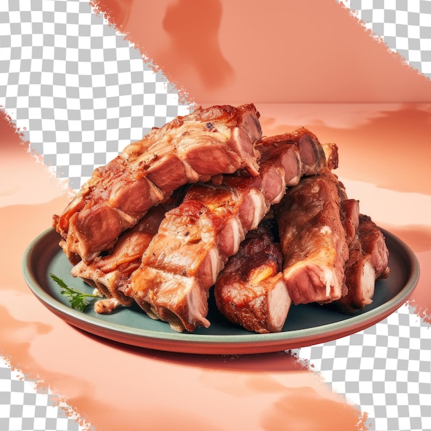 Picture of raw succulent ribs on a dish transparent background