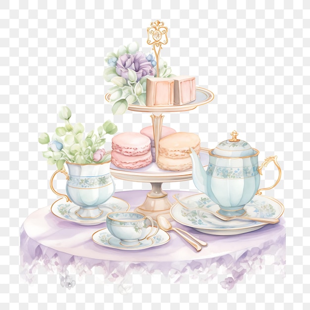 PSD a picture of a tea set with teacups and teapots