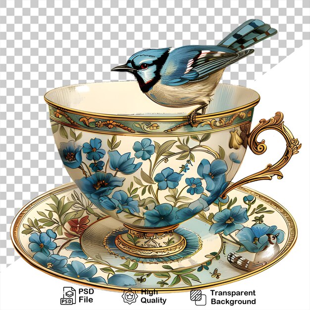 PSD una foto di una tazza di tè con un uccello su di essa