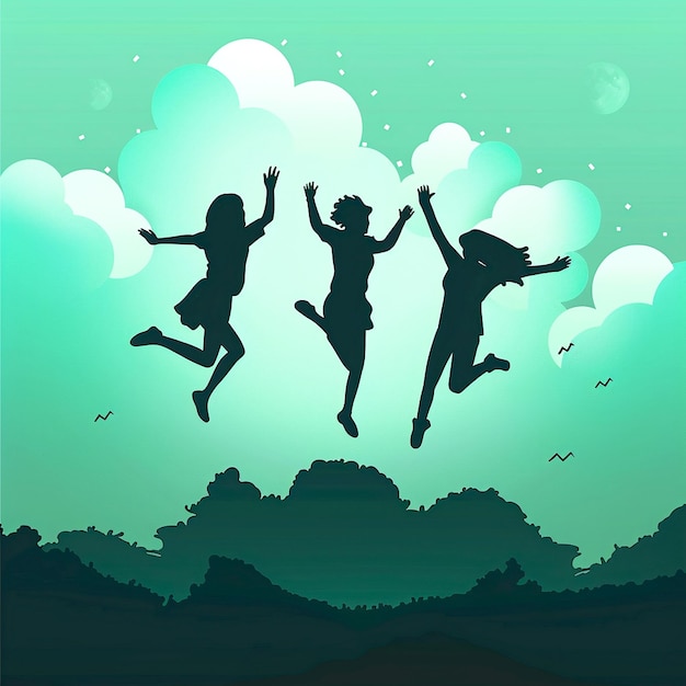 PSD a picture of three people jumping in the sky with the words quot kids quot on it