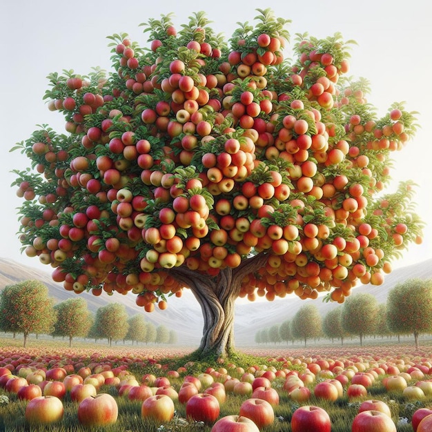 A picture of a tree with a large apple tree in the middle