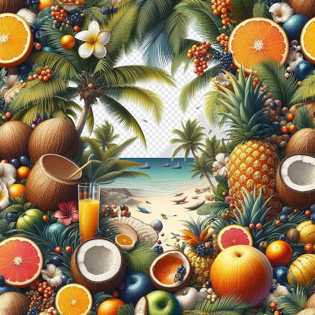 PSD a picture of a tropical scene with a tropical scene with fruits and coconuts