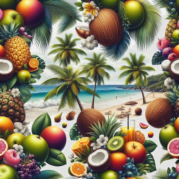 PSD un'immagine di una scena tropicale con una scena tropical con frutta e l'oceano sullo sfondo