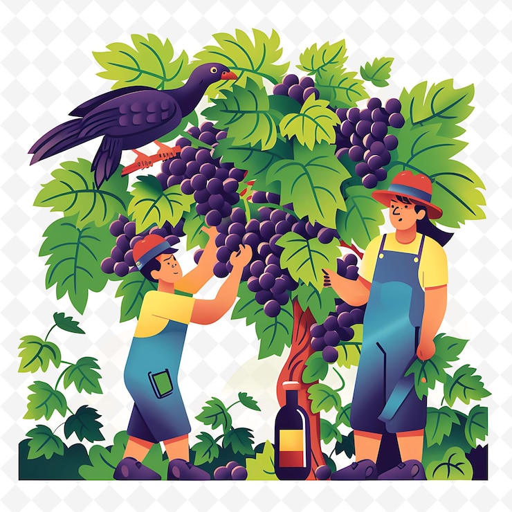PSD a picture of two men and a bird with a bunch of grapes