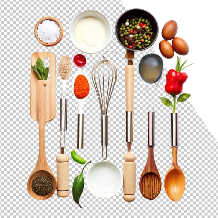 PSD a picture of a variety of kitchen utensils and a variety of vegetables