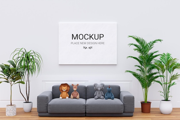 Picture wall mockup frame in a living room 3d rendered illustration