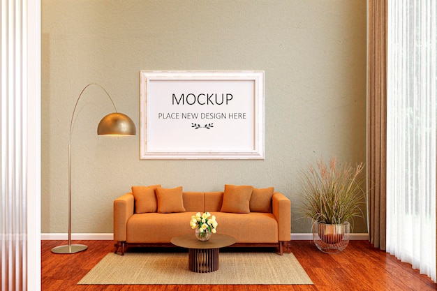 Picture wall mockup frame in a living room 3d rendered illustration