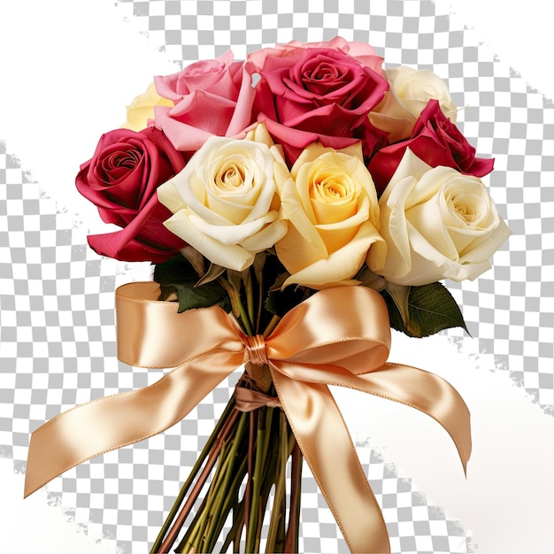 PSD pictures of transparent red pink yellow and claret roses tied with a golden ribbon isolated on transparent background