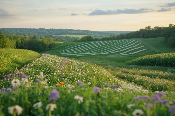 PSD picturesque rural landscape with fields flowers and rolling hills at sunset