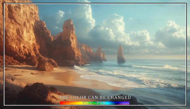 PSD a picturesque sandy beach with towering cliffs at sunset
