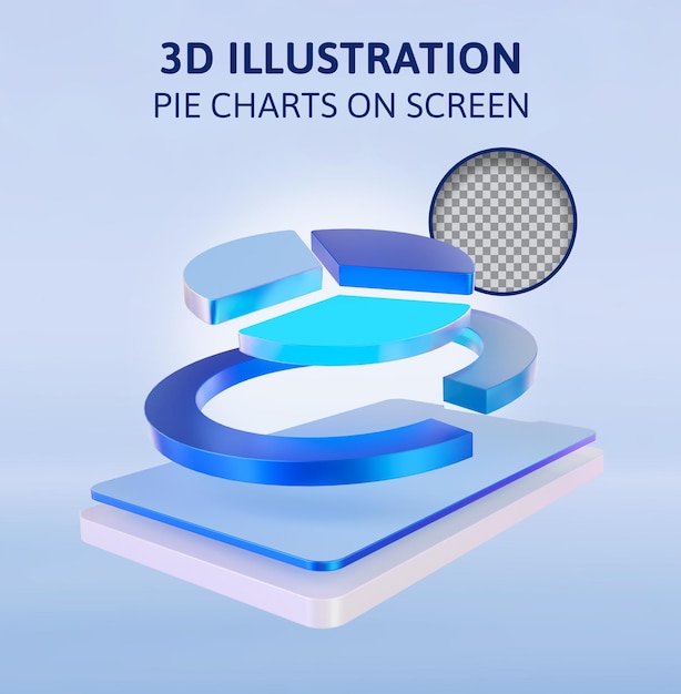 Pie charts on screen 3d rendering illustration