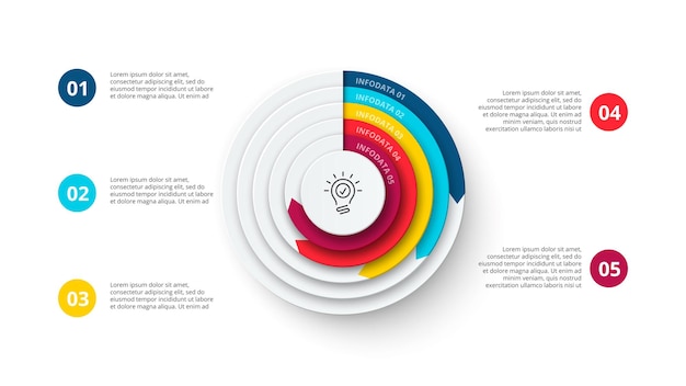 Pie infographic with 5 steps options parts or processes Business template for presentation