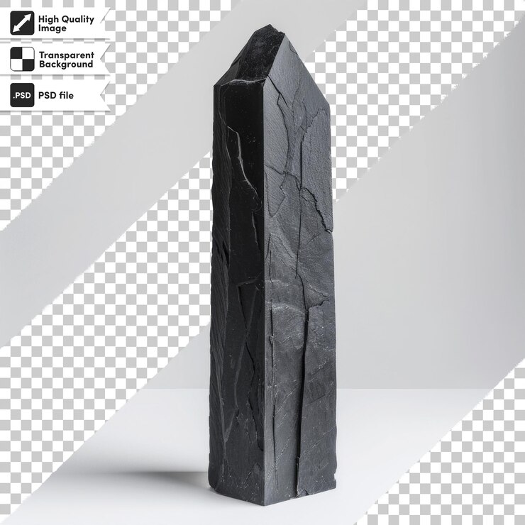 PSD a piece of black stone stands in front of a grid that says no