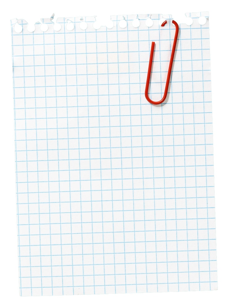 PSD piece of blank grid paper note with red paper clip cut out mockup template design