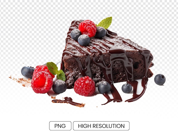 A piece of brownie cake with lots of melted chocolate and a cherry on top on a white plate