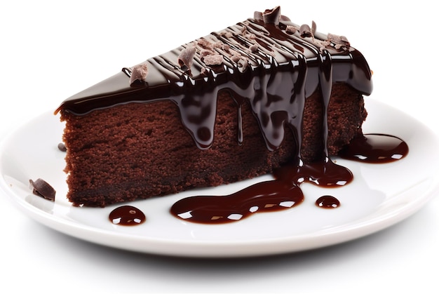 A piece of brownie cake with lots of melted chocolate on a white plate