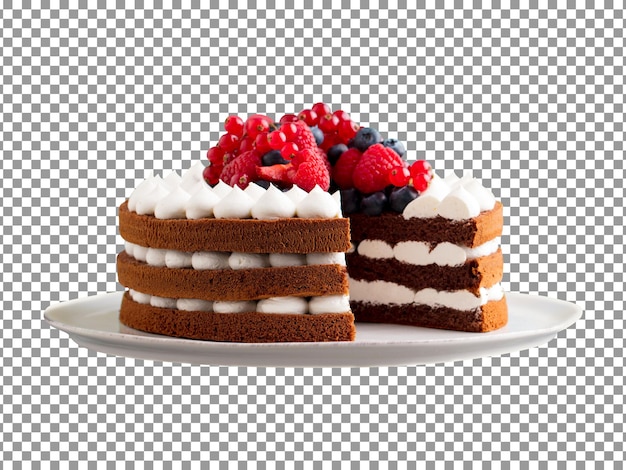 Piece of cake with berries on plate isolated with transparent background