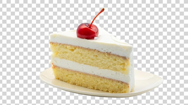 Piece of cake with cream and cherry isolated on transparent background