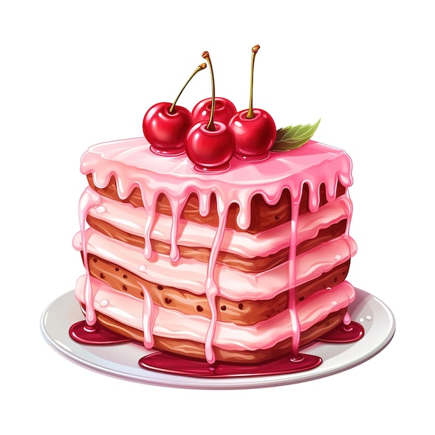 PSD piece of cake with pink icing and cherries on top ai generated image