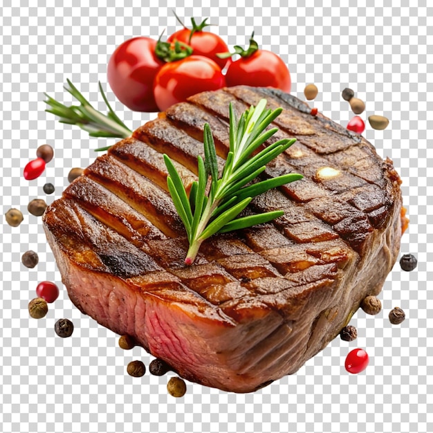 PSD a piece of meat with herbs on top surrounded by tomatoes on transparent background
