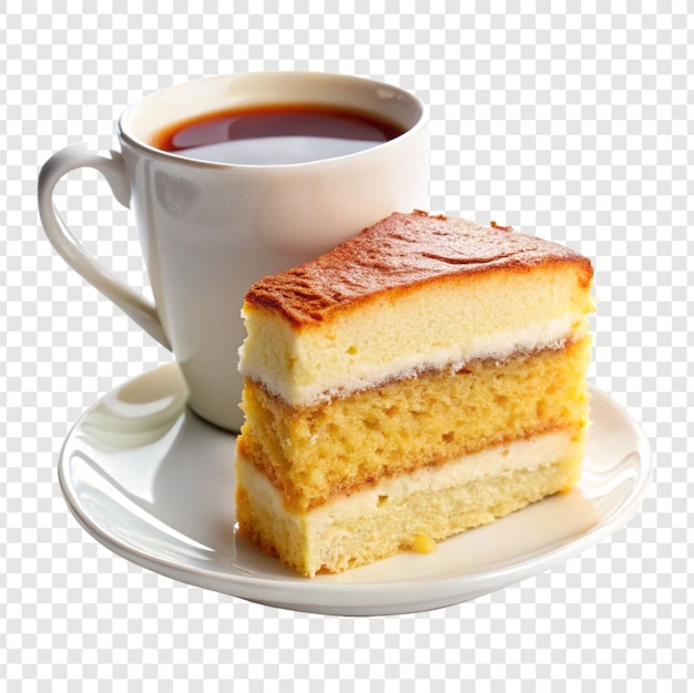 Piece of sponge cake with cup of coffee isolated on transparent background