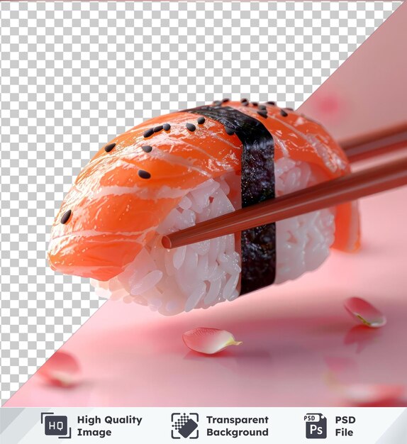 PSD piece of sushi held by chopsticks on pink background with flowers