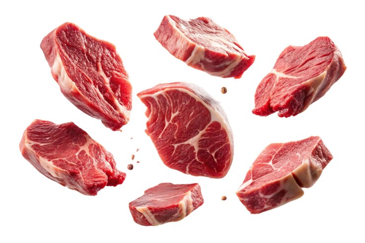 新鮮なステーキ肉のピースがハーブと一緒に落ちる 広告とプロモーションのポスターに 透明のBG