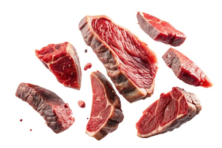 新鮮なステーキ肉のピースがハーブと一緒に落ちる 広告とプロモーションのポスターに 透明のBG