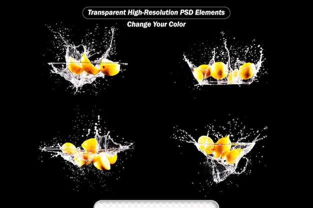 PSD pezzi di agrumi arancione in acqua isolati su nero