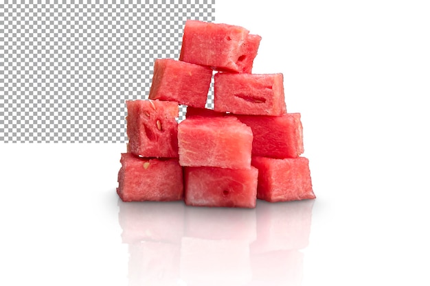 Pieces of ripe watermelon pulp are laid out in the form of a pyramid on a transparent background