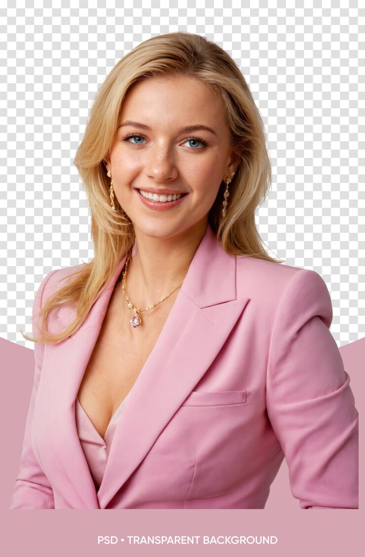 PSD piękna blond bizneswoman z dużym dekoltem w garniturze biznesowym w biurze