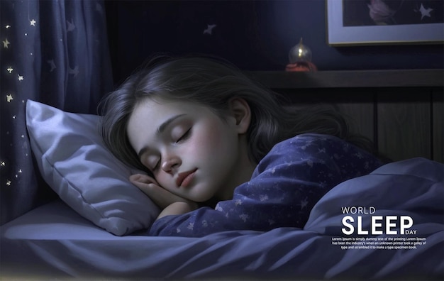 PSD piękna dziewczyna śpi w sypialni w nocy z zamkniętymi oczami.