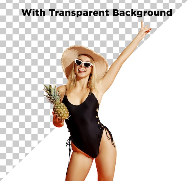 Piękna dziewczyna w bikini i kapeluszu na wakacjach PNG PSD izolowana na przezroczystym tle