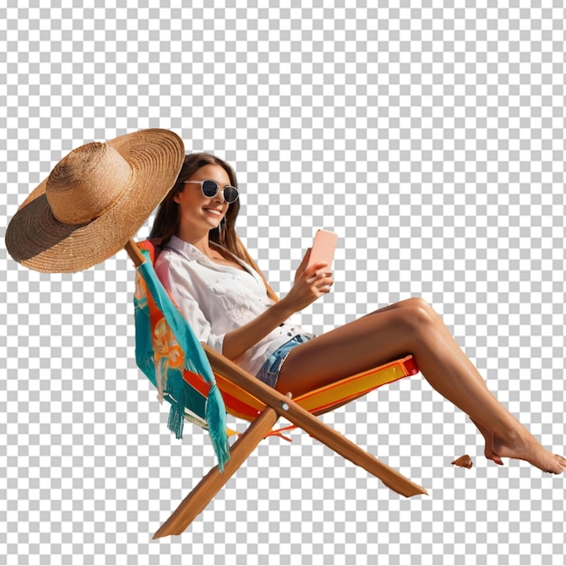 PSD piękna dziewczyna w okularach przeciwsłonecznych odpoczywa na krześle plażowym odizolowana na białym