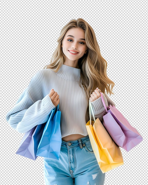 PSD piękna europejska shopaholic kobieta uśmiechająca się z torbami na zakupy na białym tle studia
