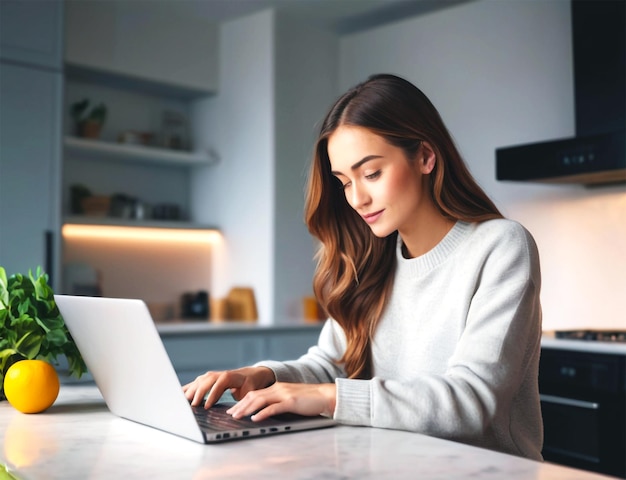 Piękna Kaukazyjska Młoda Kobieta Pracująca W Internecie Używa Laptopa Do Nauczania Komunikacji Na Odległość