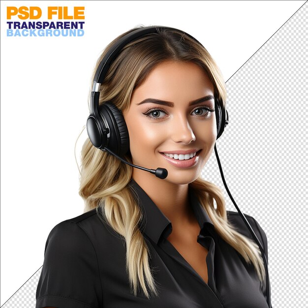 PSD piękna kobieta telefonista z mikrofonem na przezroczystym tle