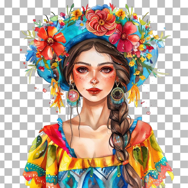 PSD piękna meksykańska kobieta z portretem z wieńcem kwiatowym