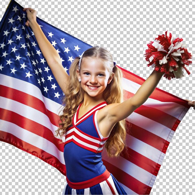 PSD piękna młoda cheerleaderka z flagą usa.