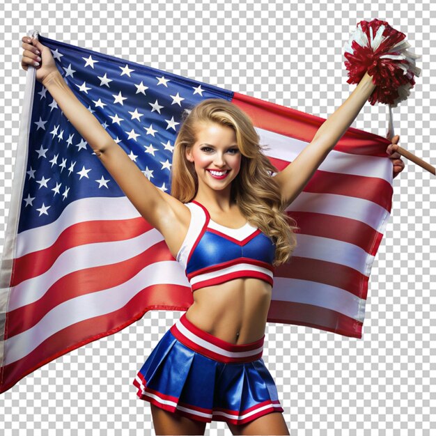 PSD piękna młoda cheerleaderka z flagą usa.