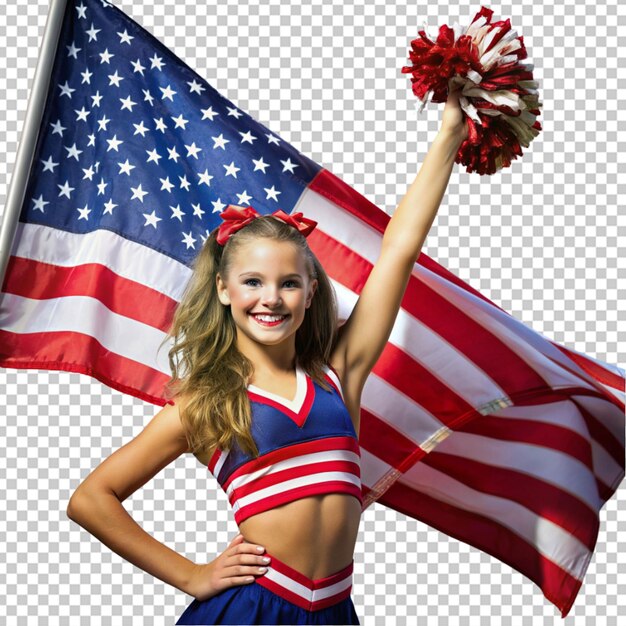 PSD piękna młoda cheerleaderka z flagą usa.