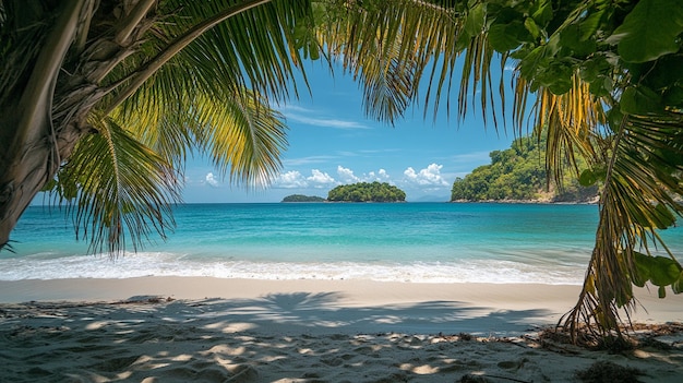 Piękna tropikalna plaża z białym piaskiem, turkusową wodą i palmami w tle