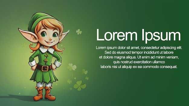 Piękna uśmiechnięta kobieca elfka stojąca na zielonym tle St Patrick's Day Image with Copy space