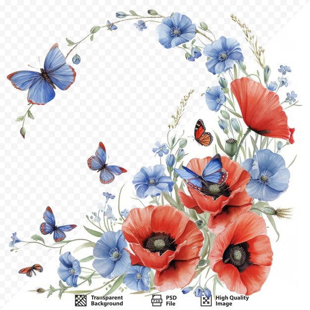 PSD piękne akwarelowe czerwone maki i niebieskie letnie kwiaty z girlandą motyli