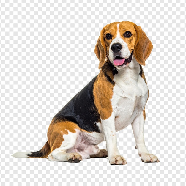 Piękny pies Beagle siedzi i uśmiecha się
