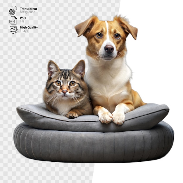 PSD pies i kot siedzą razem na szarej poduszce z przezroczystym tłem